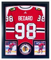 Connor Bedard Signed LE Blackhawks Custom Framed Adidas Authentic Jersey Inscribed "2024 Calder" & "22G 39A 61PTS" (Fanatics) at PristineAuction.com