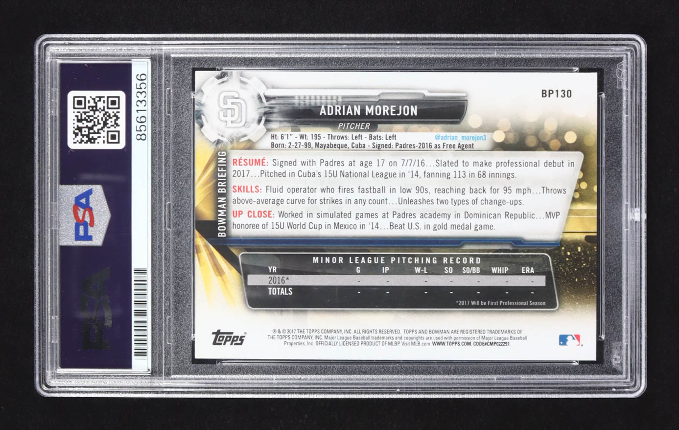 Adrian Morejon Signed 2017 Bowman Prospects #BP-130 RC (PSA) at PristineAuction.com Adrian Morejon Signed 2017 Bowman Prospects #BP-130 RC (PSA) at PristineAuction.com