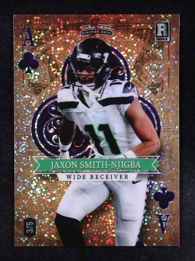 Jaxon Smith-Njigba 2023 Wild Card 5 Card Draw Stacked Deck Ace Of Clubs Orange Sparkles #SD-JS #3/5 RC at PristineAuction.com Jaxon Smith-Njigba 2023 Wild Card 5 Card Draw Stacked Deck Ace Of Clubs Orange Sparkles #SD-JS #3/5 RC at PristineAuction.com