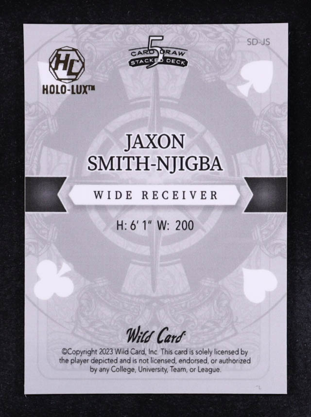 Jaxon Smith-Njigba 2023 Wild Card 5 Card Draw Stacked Deck Ace Of Clubs Orange Sparkles #SD-JS #3/5 RC at PristineAuction.com Jaxon Smith-Njigba 2023 Wild Card 5 Card Draw Stacked Deck Ace Of Clubs Orange Sparkles #SD-JS #3/5 RC at PristineAuction.com