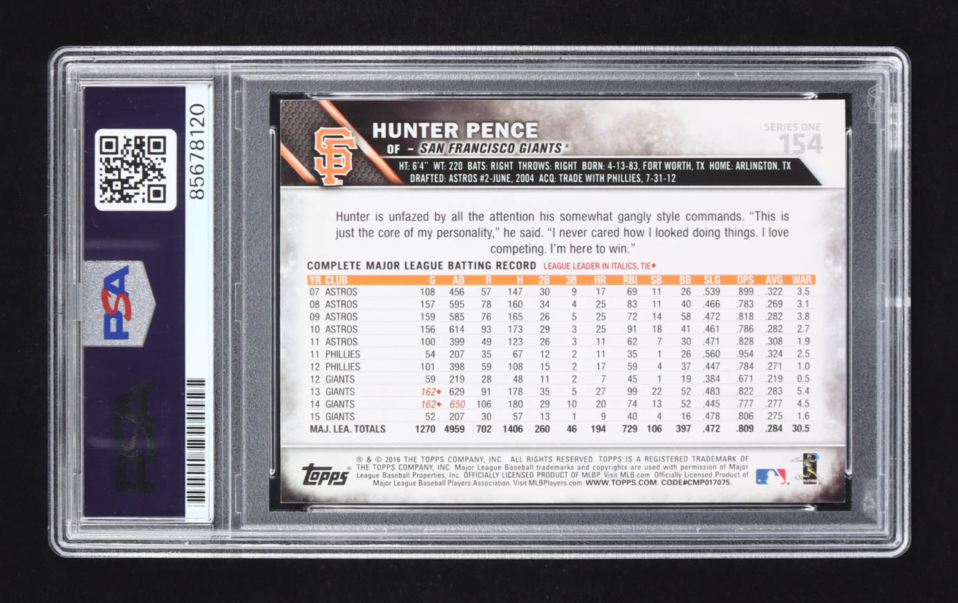 Hunter Pence Signed 2016 Topps Series 1 #154 (PSA | Autograph Graded PSA 10) at PristineAuction.com Hunter Pence Signed 2016 Topps Series 1 #154 (PSA | Autograph Graded PSA 10) at PristineAuction.com
