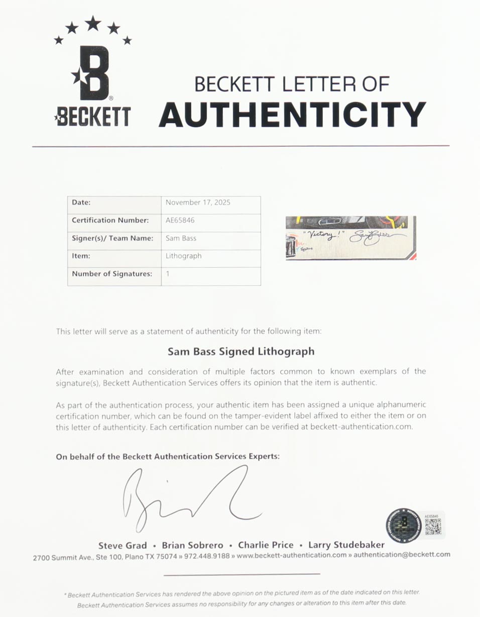 Sam Bass Signed NASCAR LE "Victory!" Custom Framed Art Print Display (Beckett) at PristineAuction.com Sam Bass Signed NASCAR LE "Victory!" Custom Framed Art Print Display (Beckett) at PristineAuction.com