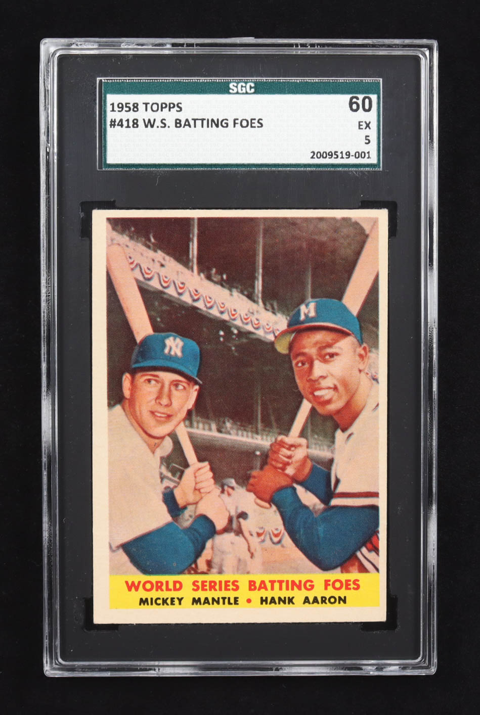 Mickey Mantle / Hank Aaron Topps 1958 World Series Batting Foes #418 (SGC 5) at PristineAuction.com Mickey Mantle / Hank Aaron Topps 1958 World Series Batting Foes #418 (SGC 5) at PristineAuction.com