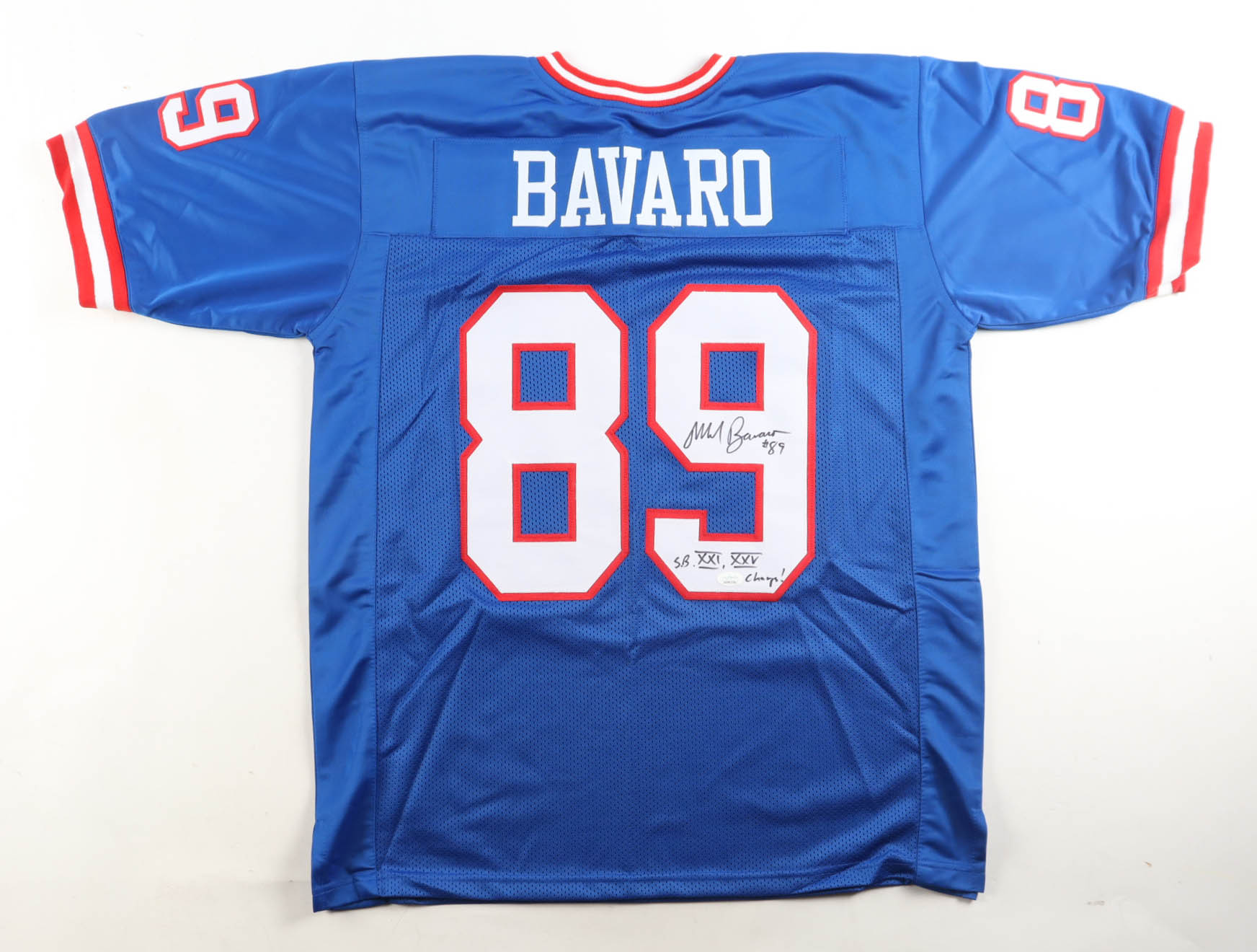 Mark Bavaro Signed Jersey Inscribed "SB XXI, XXV Champs!" (JSA) at PristineAuction.com Mark Bavaro Signed Jersey Inscribed "SB XXI, XXV Champs!" (JSA) at PristineAuction.com