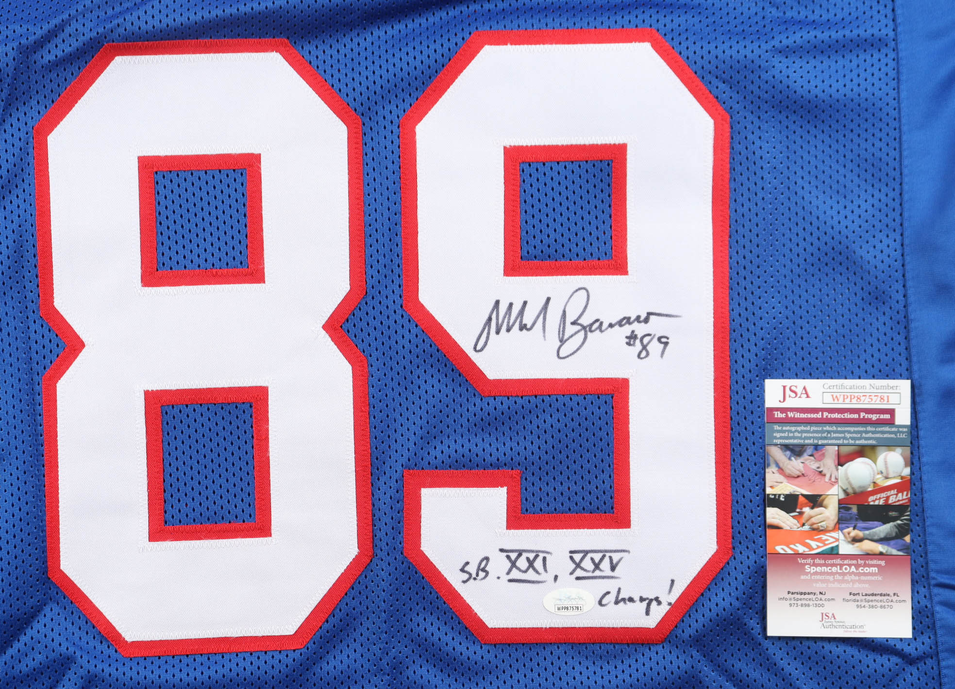 Mark Bavaro Signed Jersey Inscribed "SB XXI, XXV Champs!" (JSA) at PristineAuction.com Mark Bavaro Signed Jersey Inscribed "SB XXI, XXV Champs!" (JSA) at PristineAuction.com