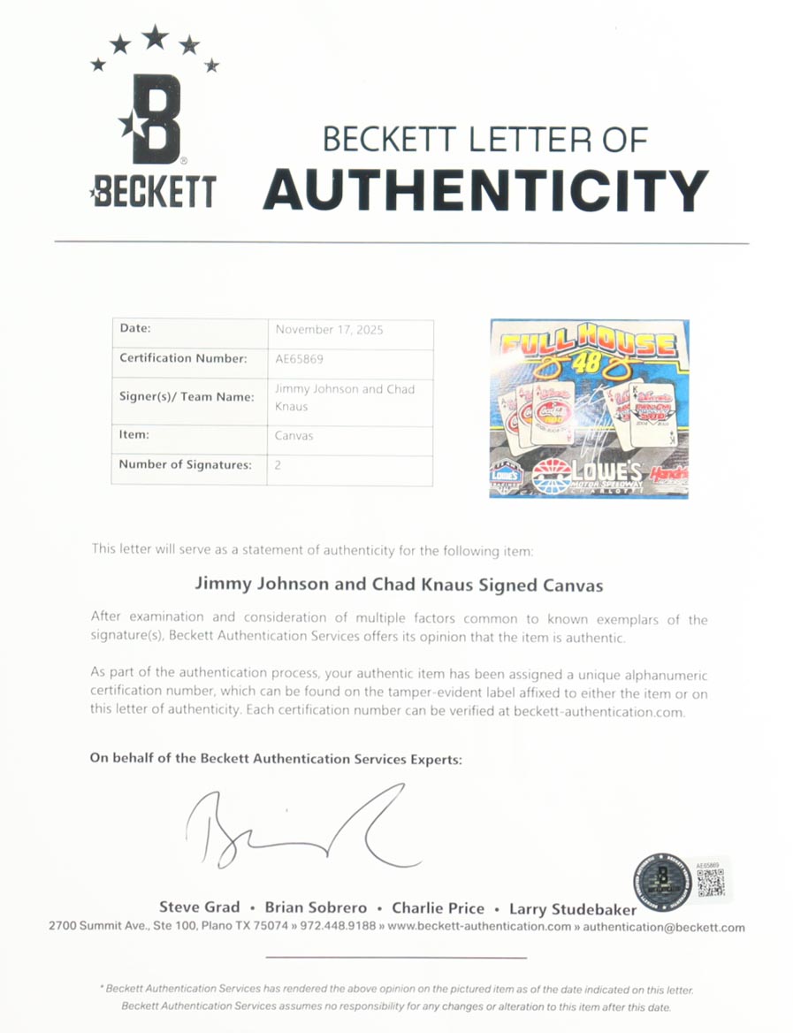 Jimmie Johnson & Chad Knaus Signed NASCAR "Full House" Custom Framed Canvas Print Display (Beckett) at PristineAuction.com Jimmie Johnson & Chad Knaus Signed NASCAR "Full House" Custom Framed Canvas Print Display (Beckett) at PristineAuction.com