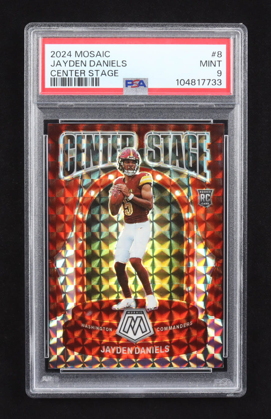 Jayden Daniels 2024 Panini Mosaic Center Stage #8 RC (PSA 9) at PristineAuction.com Jayden Daniels 2024 Panini Mosaic Center Stage #8 RC (PSA 9) at PristineAuction.com