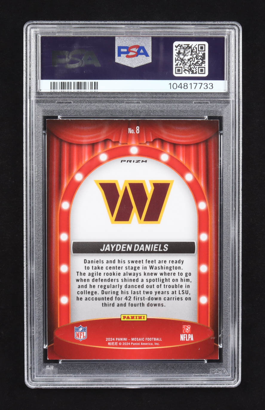 Jayden Daniels 2024 Panini Mosaic Center Stage #8 RC (PSA 9) at PristineAuction.com Jayden Daniels 2024 Panini Mosaic Center Stage #8 RC (PSA 9) at PristineAuction.com