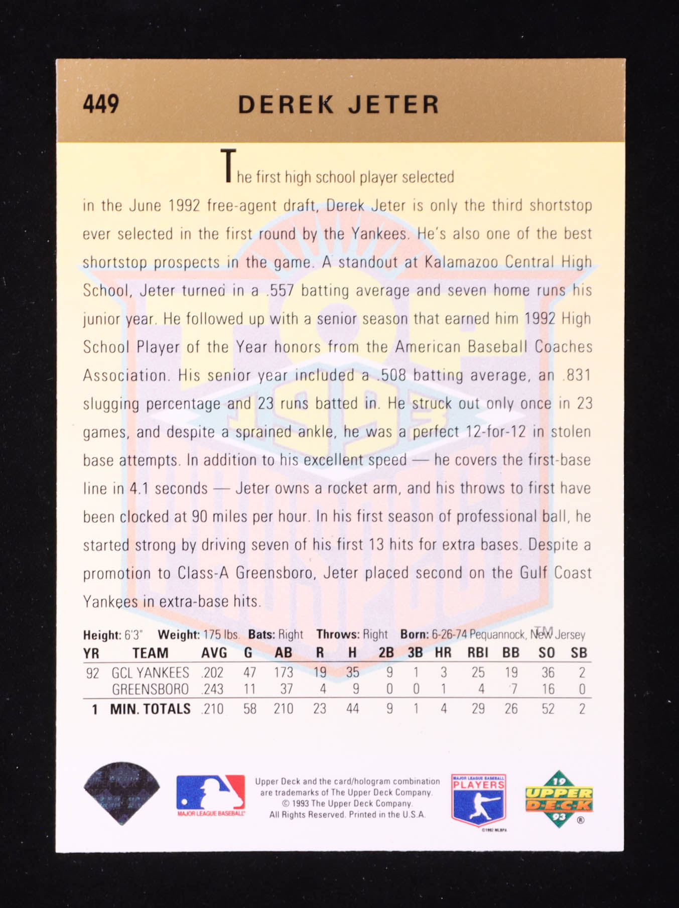 Derek Jeter 1993 Upper Deck #449 RC at PristineAuction.com Derek Jeter 1993 Upper Deck #449 RC at PristineAuction.com