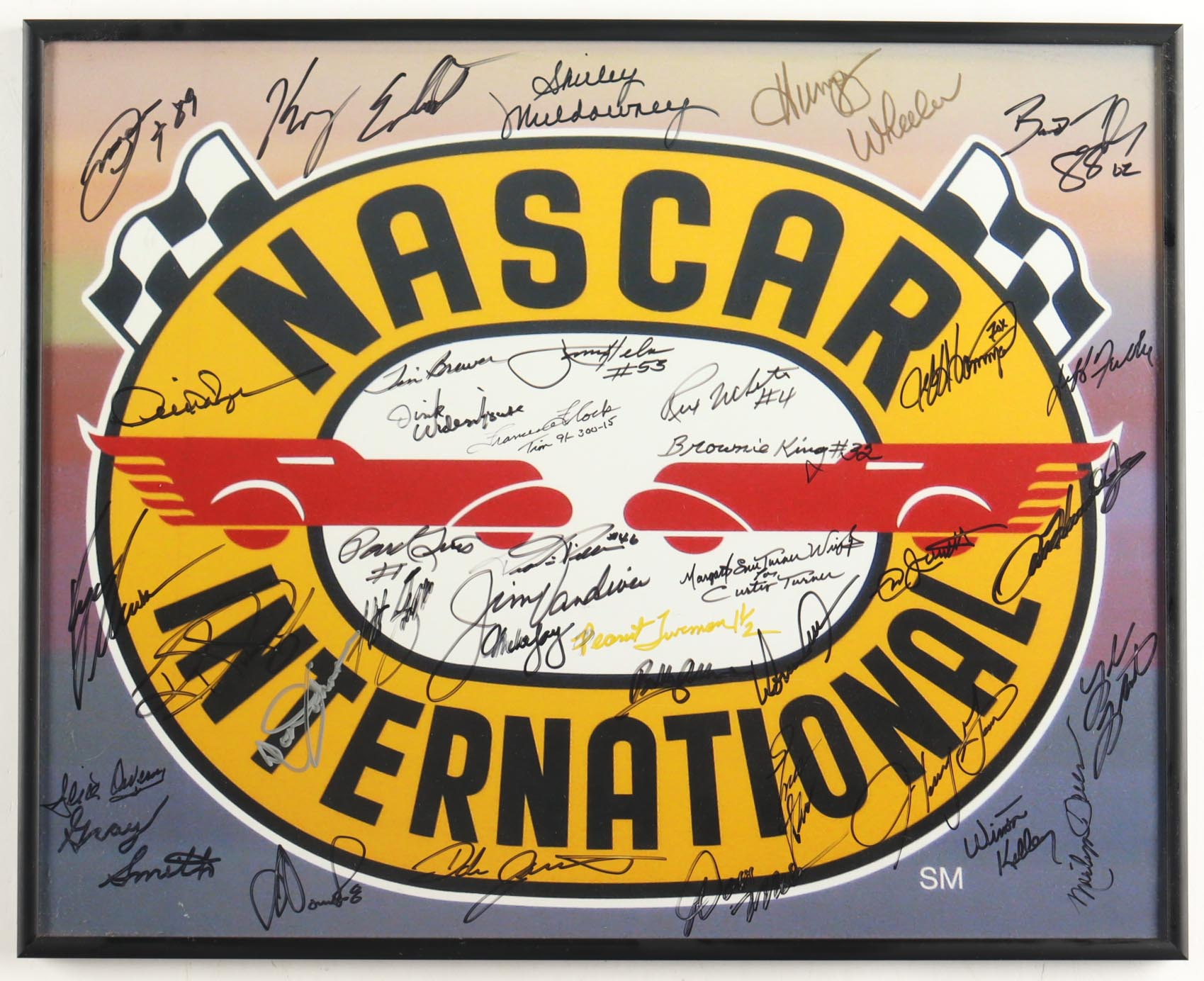 NASCAR Legends Custom Framed Print Signed by (38) with Ned Jarrett, Dale Jarrett, Harry Gant, Brownie King (Beckett) at PristineAuction.com NASCAR Legends Custom Framed Print Signed by (38) with Ned Jarrett, Dale Jarrett, Harry Gant, Brownie King (Beckett) at PristineAuction.com
