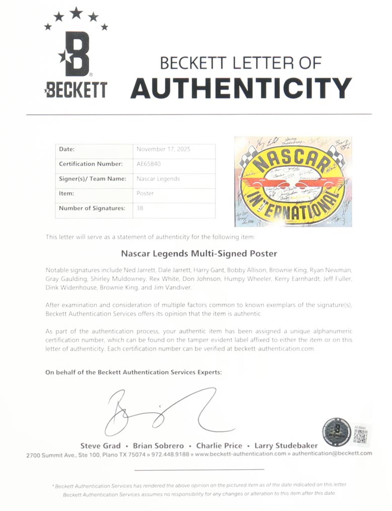 NASCAR Legends Custom Framed Print Signed by (38) with Ned Jarrett, Dale Jarrett, Harry Gant, Brownie King (Beckett) at PristineAuction.com NASCAR Legends Custom Framed Print Signed by (38) with Ned Jarrett, Dale Jarrett, Harry Gant, Brownie King (Beckett) at PristineAuction.com