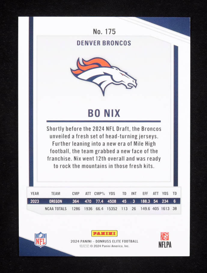 Bo Nix 2024 Elite #175 RC # 320 / 999 at PristineAuction.com Bo Nix 2024 Elite #175 RC # 320 / 999 at PristineAuction.com