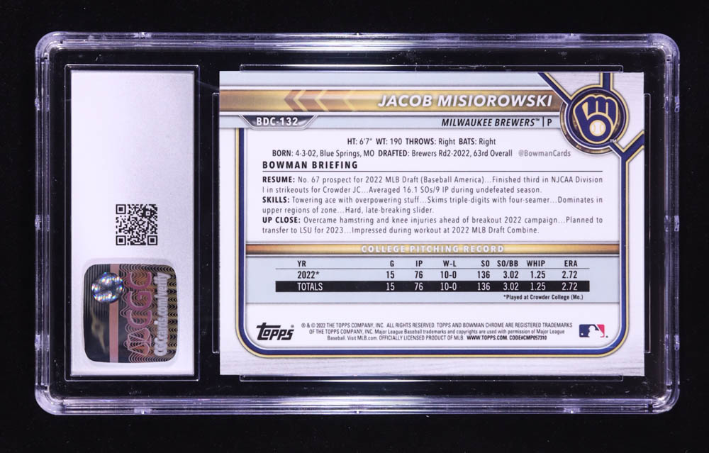 Jacob Misiorowski 2022 Bowman Chrome Draft #BDC132 RC (CGC 10) at PristineAuction.com Jacob Misiorowski 2022 Bowman Chrome Draft #BDC132 RC (CGC 10) at PristineAuction.com