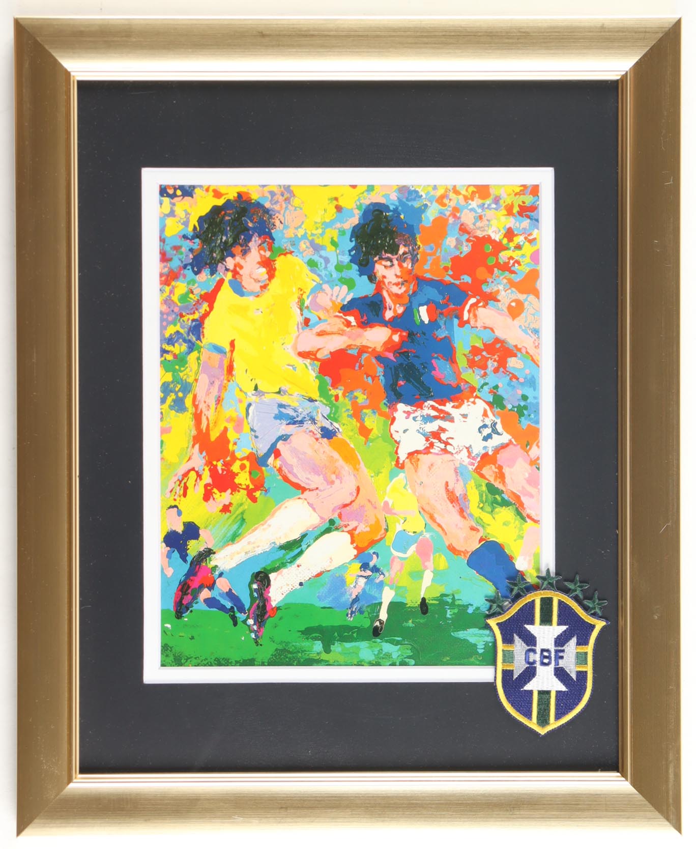 'Brazil National Soccer Team" Custom Framed Leroy Neiman Art Print Display with Team Brazil Logo Patch at PristineAuction.com 'Brazil National Soccer Team" Custom Framed Leroy Neiman Art Print Display with Team Brazil Logo Patch at PristineAuction.com