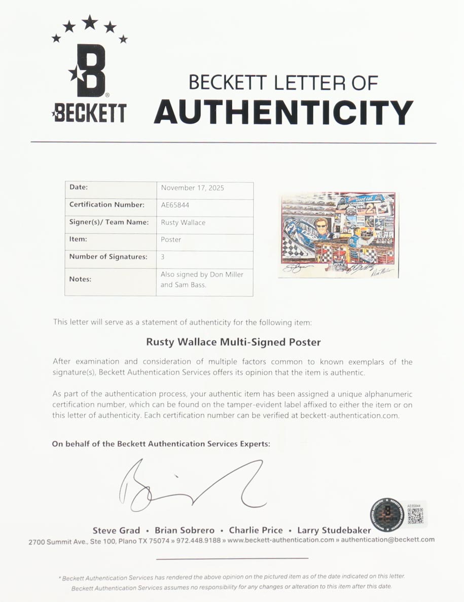 Rusty Wallace & Don Miller Signed NASCAR "Rusty's Last Call" Custom Framed Art Print Display By Sam Bass (Beckett) at PristineAuction.com Rusty Wallace & Don Miller Signed NASCAR "Rusty's Last Call" Custom Framed Art Print Display By Sam Bass (Beckett) at PristineAuction.com