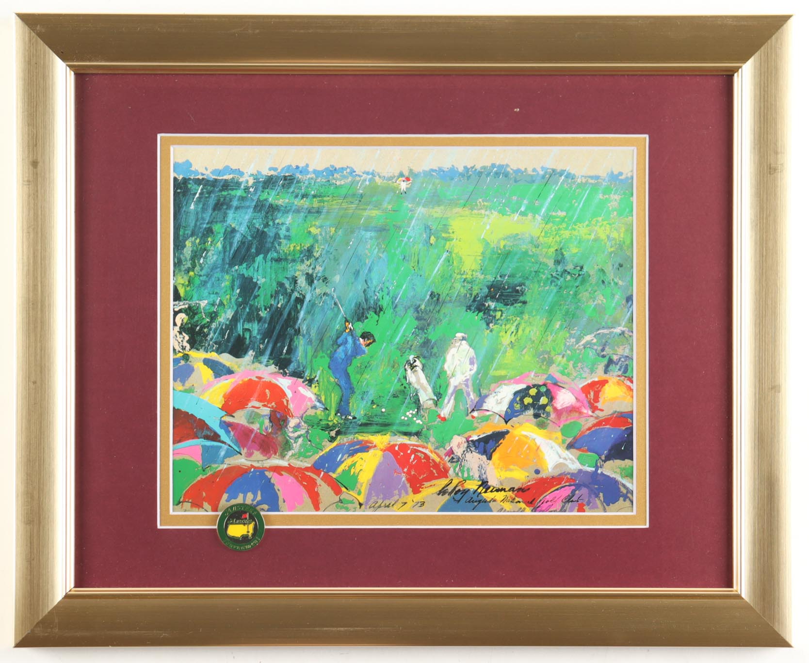 "Arnold Palmer at Augusta National" Custom Framed Leroy Neiman Art Print Display with Masters Pin at PristineAuction.com "Arnold Palmer at Augusta National" Custom Framed Leroy Neiman Art Print Display with Masters Pin at PristineAuction.com