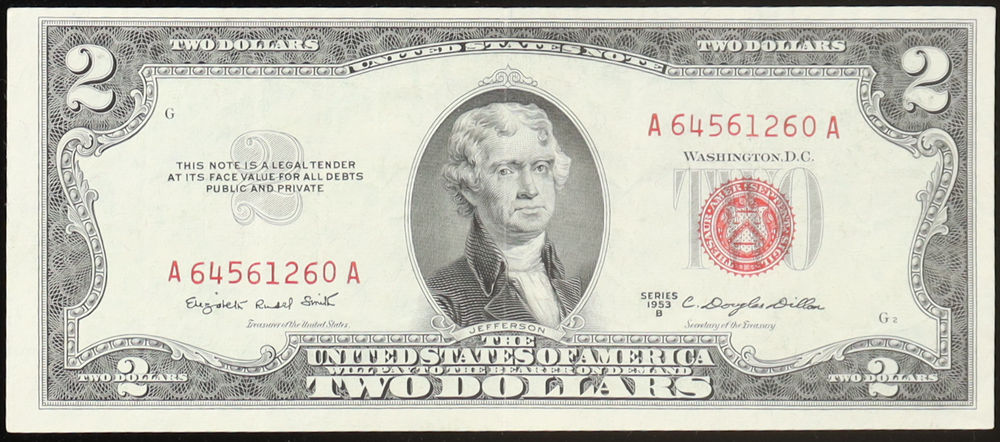 1953-B United States $2 Two Dollar Legal Tender Note - Red Seal at PristineAuction.com 1953-B United States $2 Two Dollar Legal Tender Note - Red Seal at PristineAuction.com