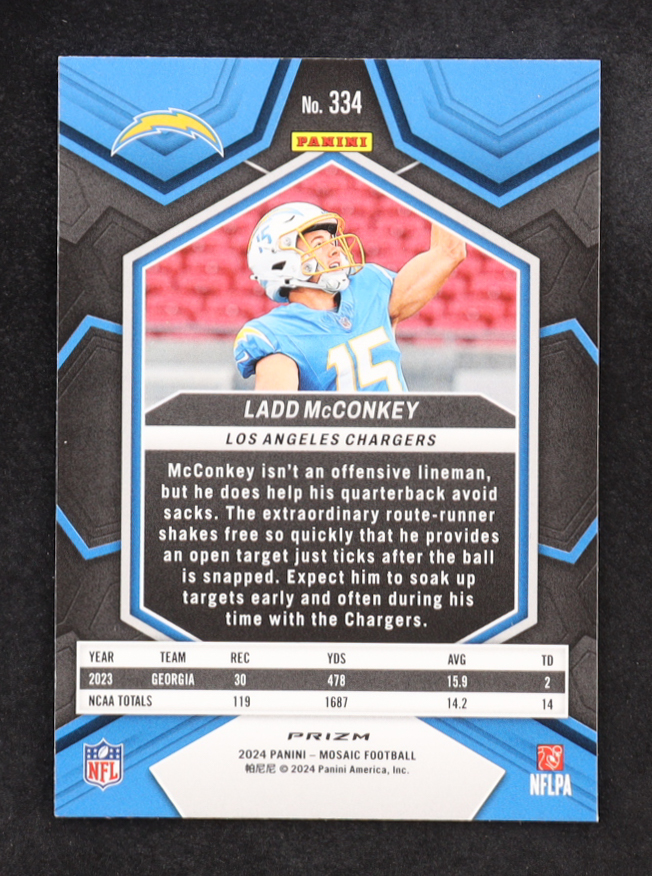 Ladd McConkey 2024 Panini Mosaic Mosaic Camo Pink #334 RC at PristineAuction.com Ladd McConkey 2024 Panini Mosaic Mosaic Camo Pink #334 RC at PristineAuction.com