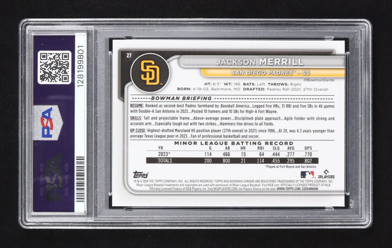Jackson Merrill 2024 Bowman Chrome M/B #27 RC (PSA 10) at PristineAuction.com Jackson Merrill 2024 Bowman Chrome M/B #27 RC (PSA 10) at PristineAuction.com