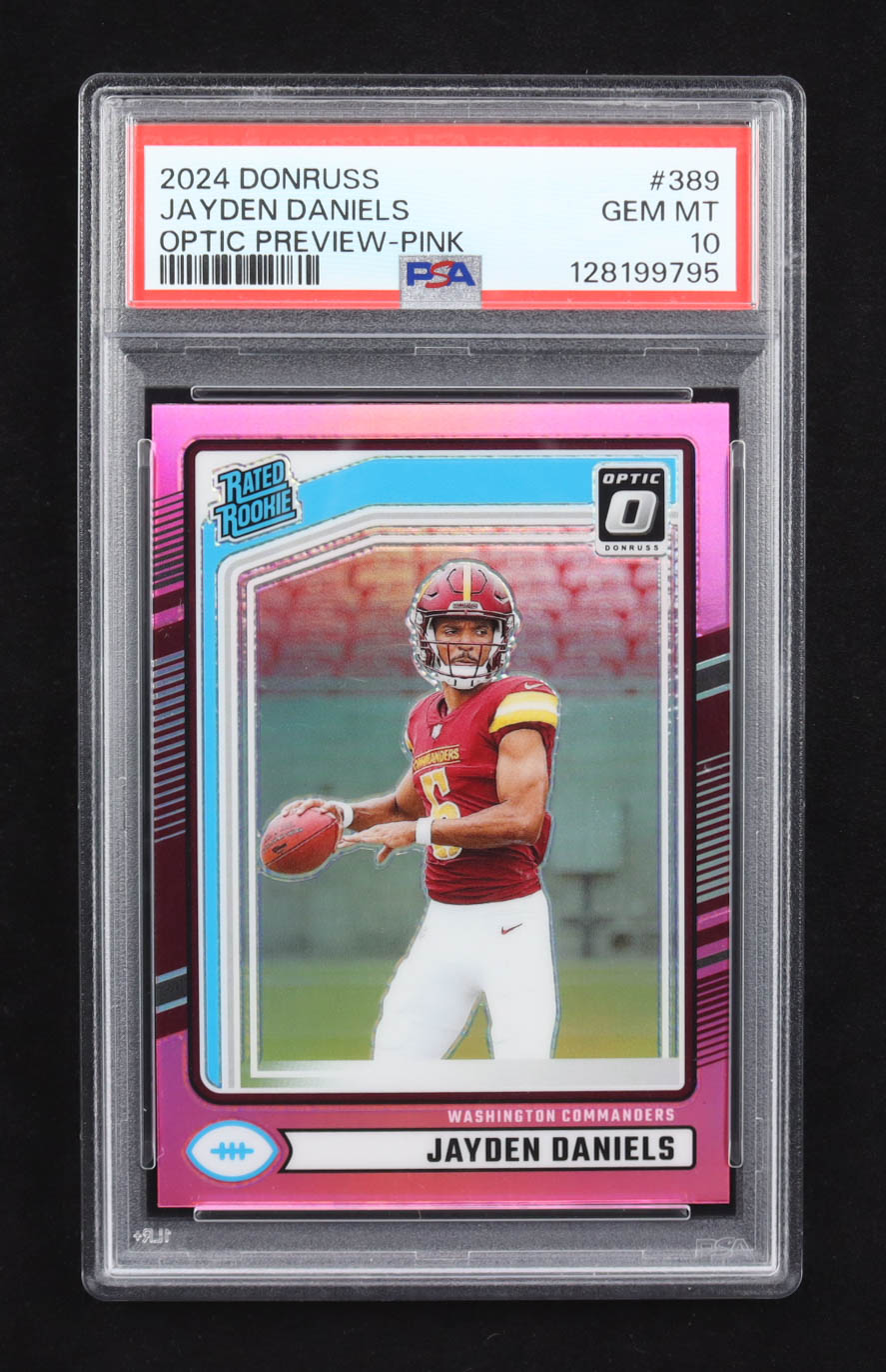 Jayden Daniels 2024 Panini Donruss RR Optic Preview Pink #389 RC (PSA 10) at PristineAuction.com Jayden Daniels 2024 Panini Donruss RR Optic Preview Pink #389 RC (PSA 10) at PristineAuction.com