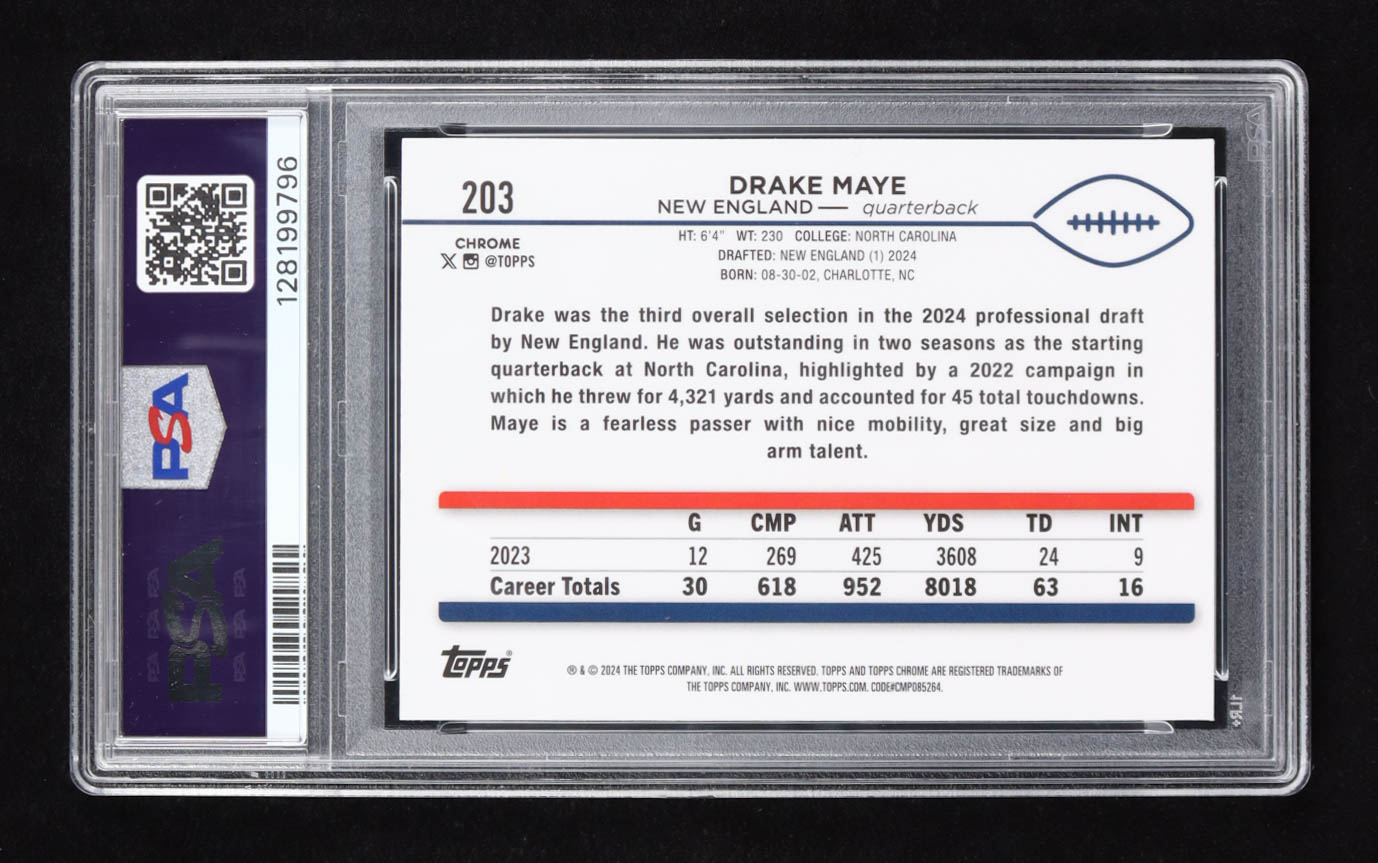 Drake Maye Topps Chrome #203 RC (PSA 9) at PristineAuction.com Drake Maye Topps Chrome #203 RC (PSA 9) at PristineAuction.com