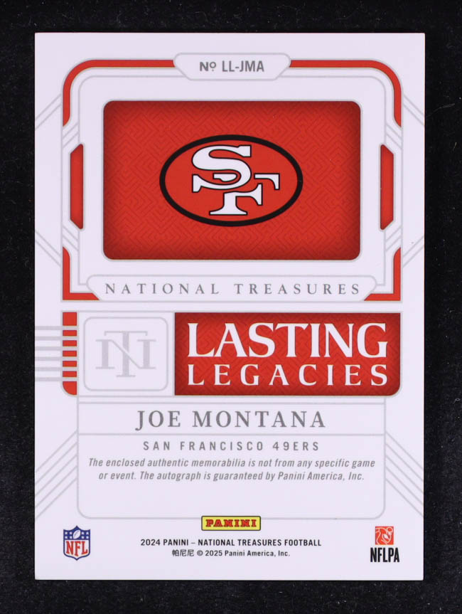 Joe Montana 2024 Panini National Treasures Lasting Legacies Material Autographs #1 #46/99 at PristineAuction.com Joe Montana 2024 Panini National Treasures Lasting Legacies Material Autographs #1 #46/99 at PristineAuction.com