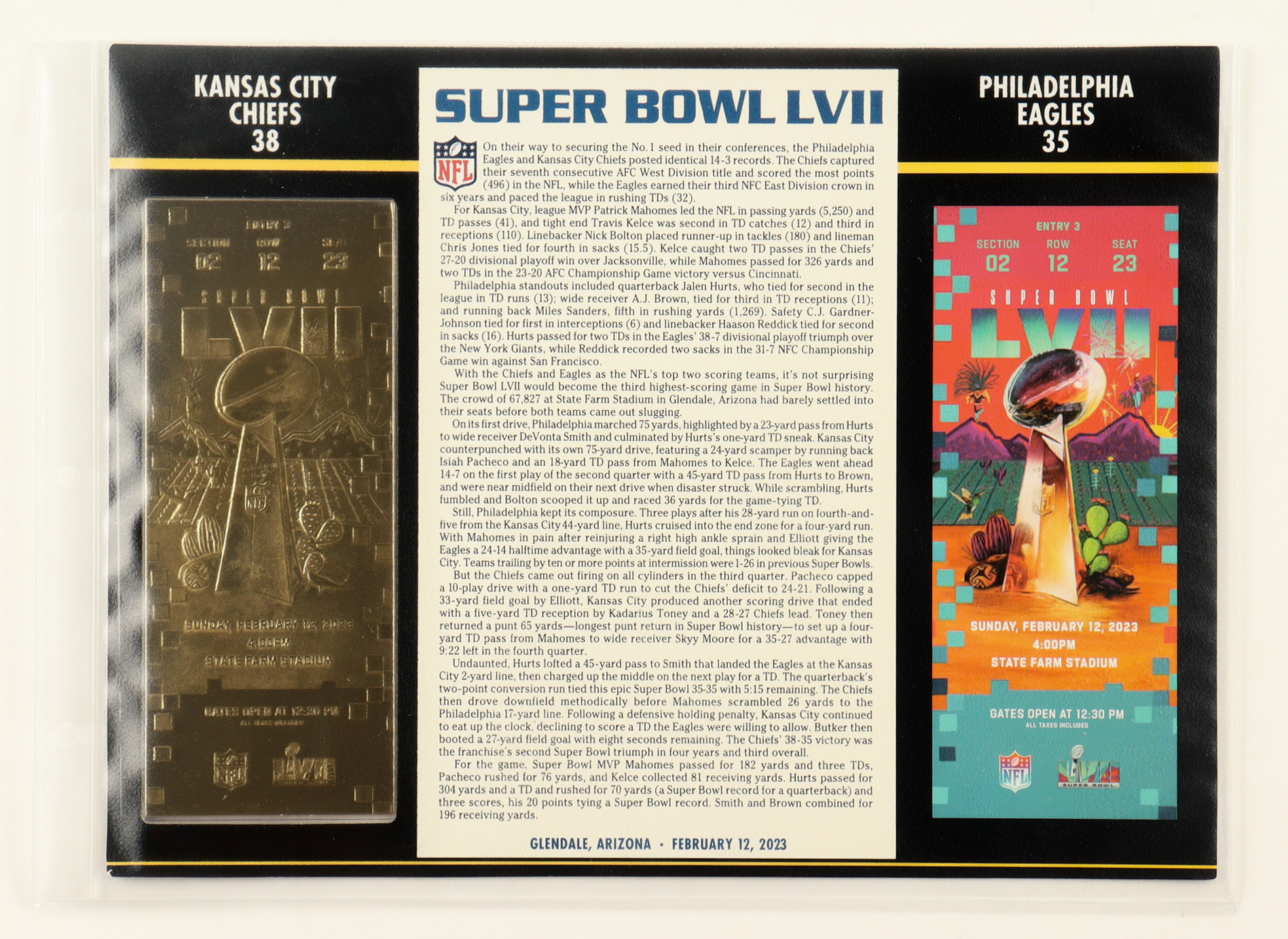 2023 Super Bowl LVII 23KT Gold Commemorative Ticket Display at PristineAuction.com 2023 Super Bowl LVII 23KT Gold Commemorative Ticket Display at PristineAuction.com
