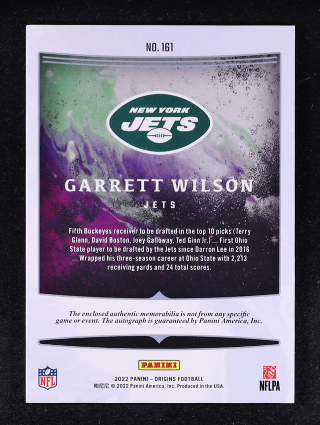 Garrett Wilson 2022 Panini Origins #161 Jersey Autograph RC at PristineAuction.com Garrett Wilson 2022 Panini Origins #161 Jersey Autograph RC at PristineAuction.com