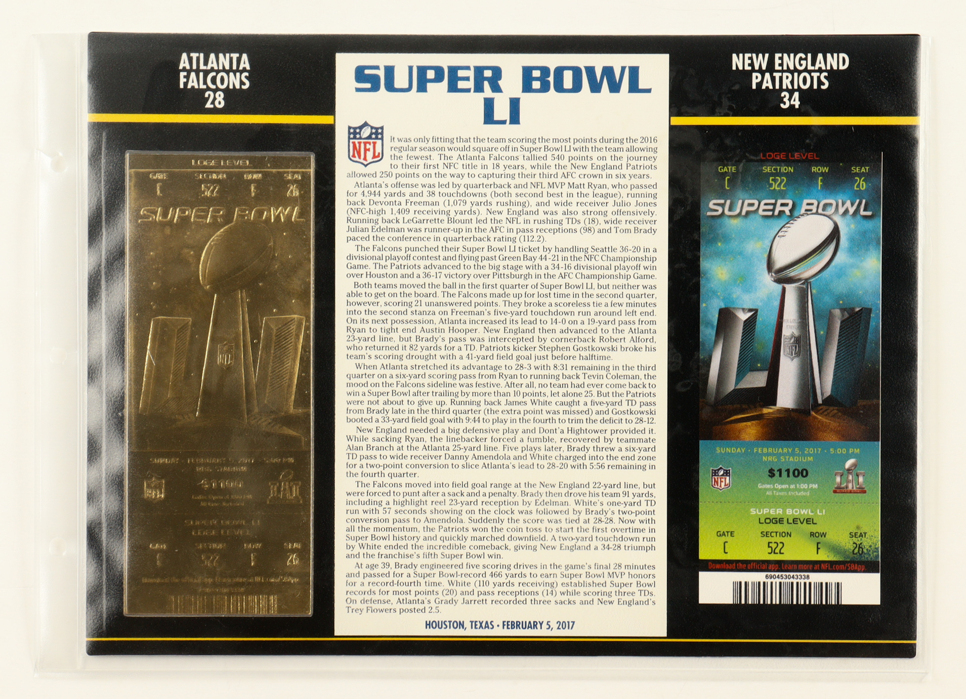 2017 Super Bowl LI 23KT Gold Commemorative Ticket Display at PristineAuction.com 2017 Super Bowl LI 23KT Gold Commemorative Ticket Display at PristineAuction.com