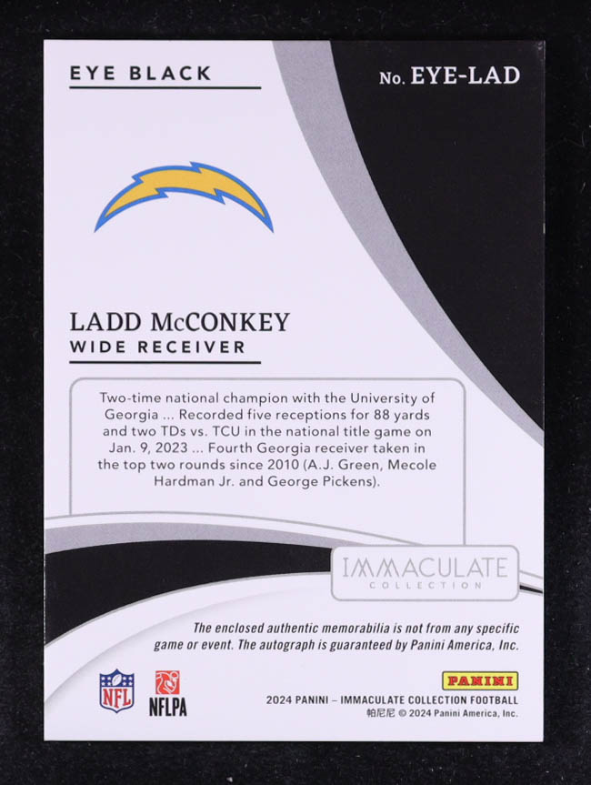 Ladd McConkey 2024 Immaculate Collection Immaculate Rookie Eye Black Jersey Autographs #10 #67/99 RC at PristineAuction.com Ladd McConkey 2024 Immaculate Collection Immaculate Rookie Eye Black Jersey Autographs #10 #67/99 RC at PristineAuction.com