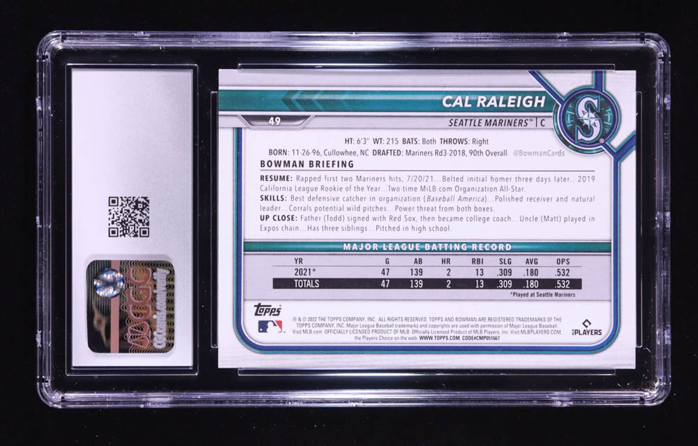 Cal Raleigh 2022 Bowman #49 RC (CGC 10) at PristineAuction.com Cal Raleigh 2022 Bowman #49 RC (CGC 10) at PristineAuction.com