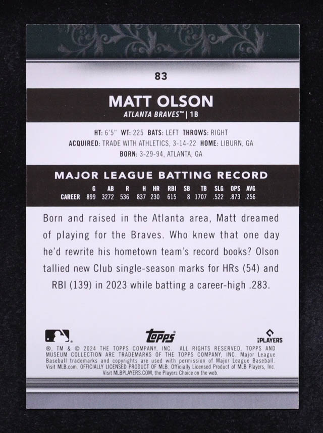 Matt Olson 2024 Topps Museum Collection Sapphire #83 #056/150 at PristineAuction.com Matt Olson 2024 Topps Museum Collection Sapphire #83 #056/150 at PristineAuction.com