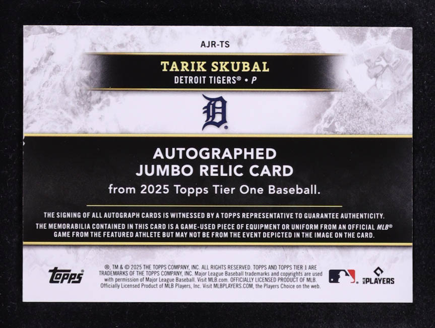 Tarik Skubal 2025 Topps Tier One Jumbo Relic Autographs #AJRTS #029/199 at PristineAuction.com Tarik Skubal 2025 Topps Tier One Jumbo Relic Autographs #AJRTS #029/199 at PristineAuction.com