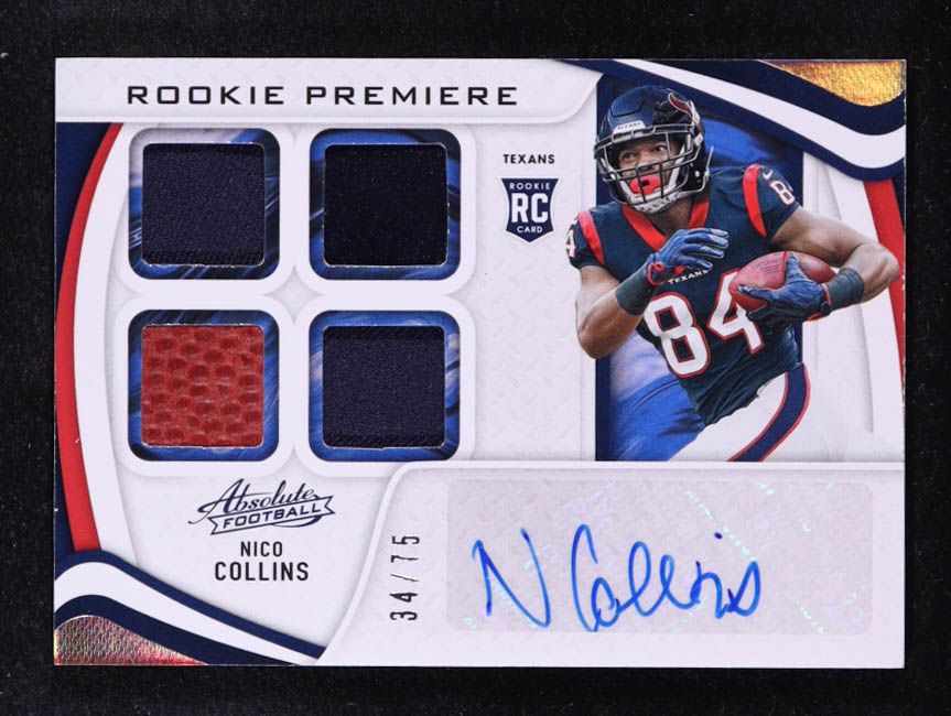 Nico Collins 2021 Absolute Rookie Premiere Material Autographs Quad #227 #34/75 RC at PristineAuction.com Nico Collins 2021 Absolute Rookie Premiere Material Autographs Quad #227 #34/75 RC at PristineAuction.com