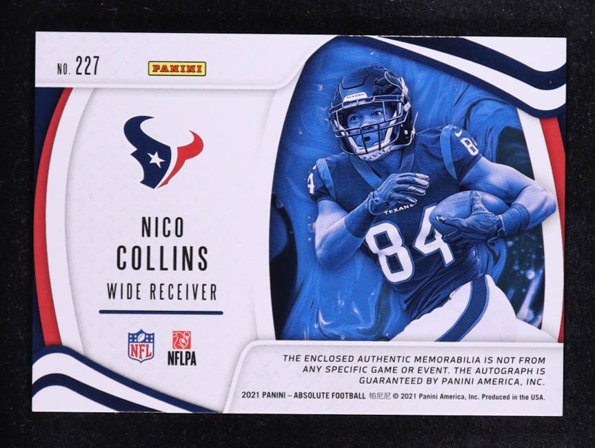 Nico Collins 2021 Absolute Rookie Premiere Material Autographs Quad #227 #34/75 RC at PristineAuction.com Nico Collins 2021 Absolute Rookie Premiere Material Autographs Quad #227 #34/75 RC at PristineAuction.com