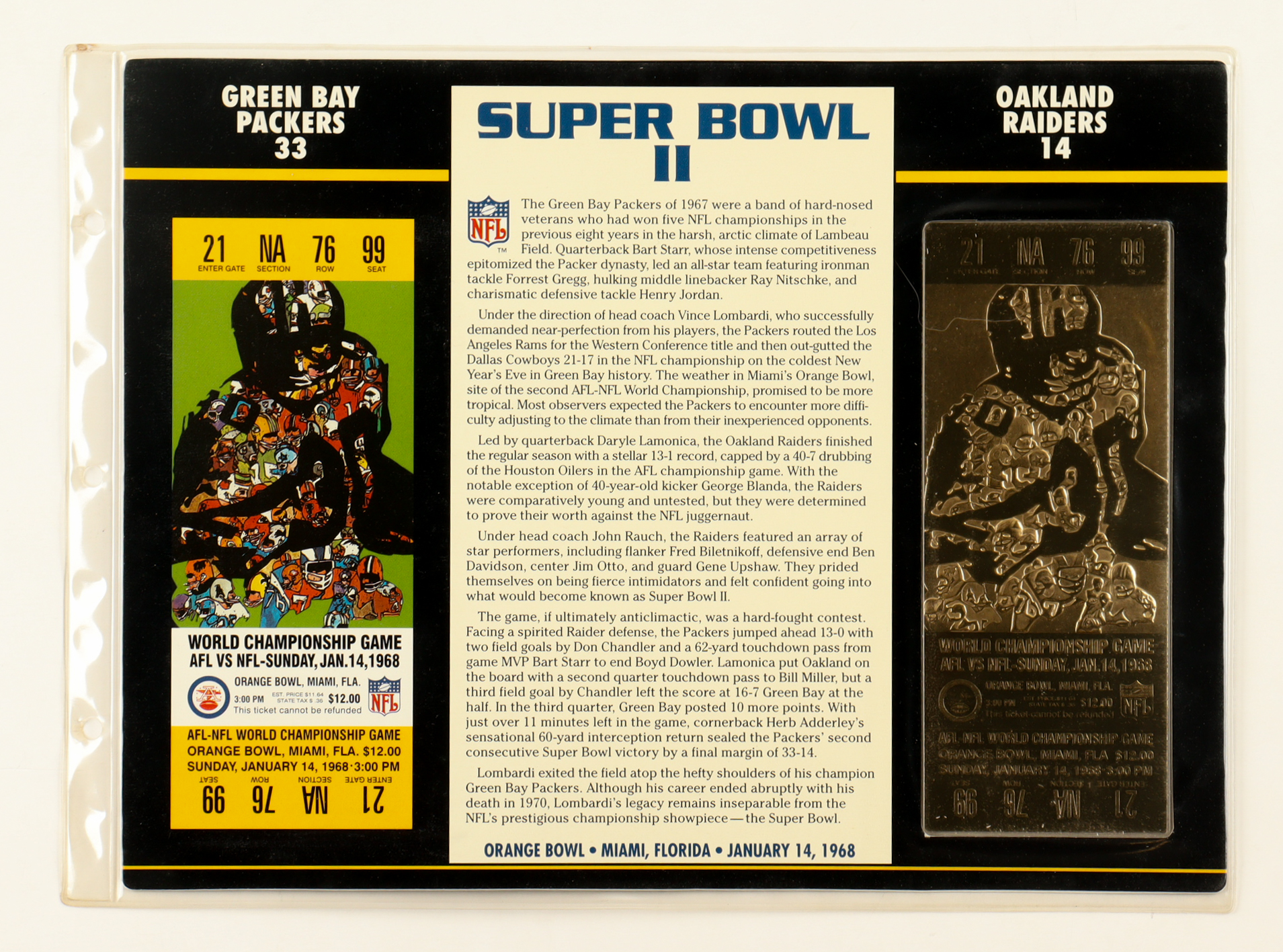 1968 Super Bowl II 23KT Gold Commemorative Ticket Display at PristineAuction.com 1968 Super Bowl II 23KT Gold Commemorative Ticket Display at PristineAuction.com