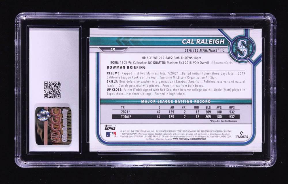 Cal Raleigh 2022 Bowman #49 RC (CGC 10) at PristineAuction.com Cal Raleigh 2022 Bowman #49 RC (CGC 10) at PristineAuction.com