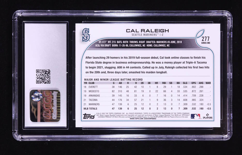 Cal Raleigh 2022 Topps #277 RC (CGC 10) at PristineAuction.com Cal Raleigh 2022 Topps #277 RC (CGC 10) at PristineAuction.com