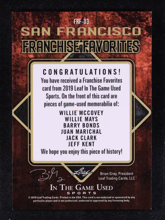 2019 ITG Used Sports Franchise Favorites Memorabilia Navy Blue #FRF03 Willie McCovey / Willie Mays / Barry Bonds / Juan Marichal / Jack Clark / Jeff Kent #24/25 at PristineAuction.com 2019 ITG Used Sports Franchise Favorites Memorabilia Navy Blue #FRF03 Willie McCovey / Willie Mays / Barry Bonds / Juan Marichal / Jack Clark / Jeff Kent #24/25 at PristineAuction.com