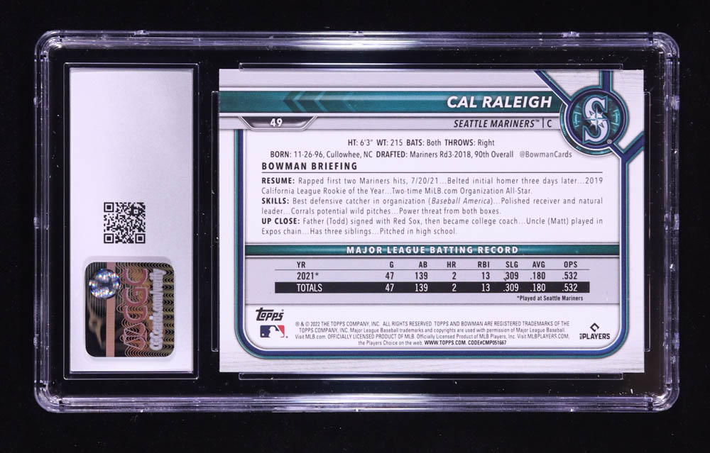 Cal Raleigh 2022 Bowman #49 RC (CGC 10) at PristineAuction.com Cal Raleigh 2022 Bowman #49 RC (CGC 10) at PristineAuction.com