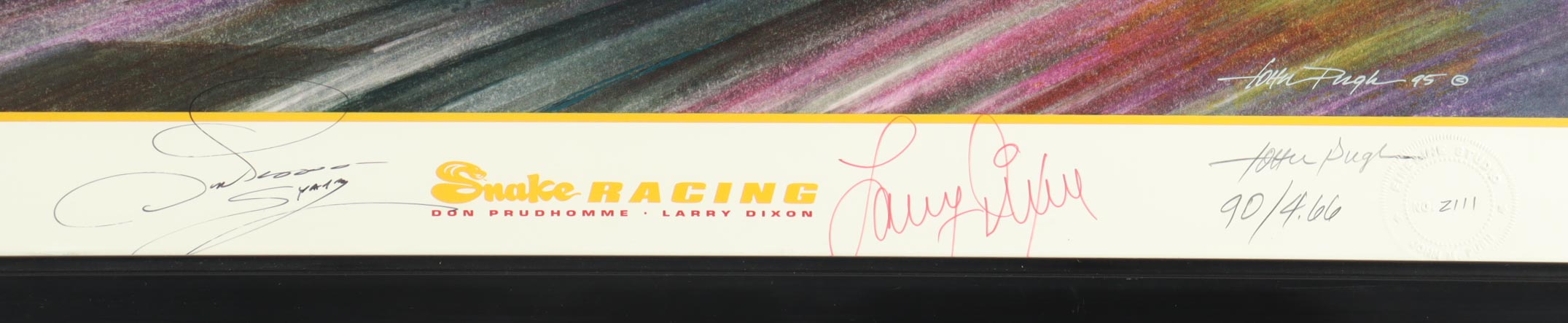 Don Prudhomme & Larry Dixon Signed NASCAR "Snake Racing" Custom Framed Lithograph Display By John Pugh (Beckett) at PristineAuction.com Don Prudhomme & Larry Dixon Signed NASCAR "Snake Racing" Custom Framed Lithograph Display By John Pugh (Beckett) at PristineAuction.com