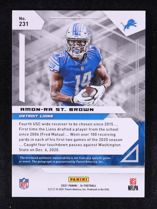 Amon-Ra St. Brown 2021 Panini XR Blue #231 Jersey Autograph #44/49 RC at PristineAuction.com Amon-Ra St. Brown 2021 Panini XR Blue #231 Jersey Autograph #44/49 RC at PristineAuction.com