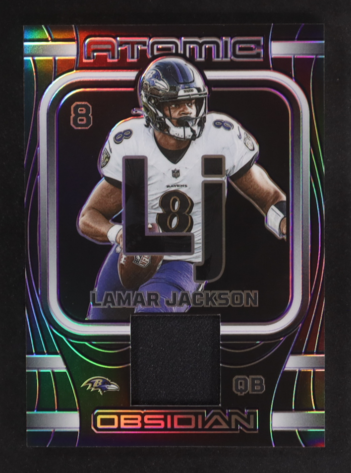 Lamar Jackson 2023 Panini Obsidian Atomic Materials Electric Etch Purple #2 #38/75 at PristineAuction.com Lamar Jackson 2023 Panini Obsidian Atomic Materials Electric Etch Purple #2 #38/75 at PristineAuction.com