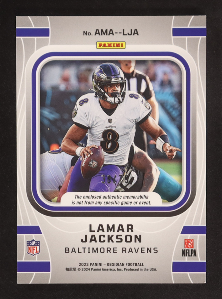 Lamar Jackson 2023 Panini Obsidian Atomic Materials Electric Etch Purple #2 #38/75 at PristineAuction.com Lamar Jackson 2023 Panini Obsidian Atomic Materials Electric Etch Purple #2 #38/75 at PristineAuction.com