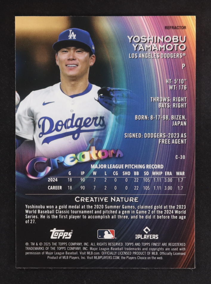Yoshinobu Yamamoto 2025 Finest Creators Refractors #C30 at PristineAuction.com Yoshinobu Yamamoto 2025 Finest Creators Refractors #C30 at PristineAuction.com