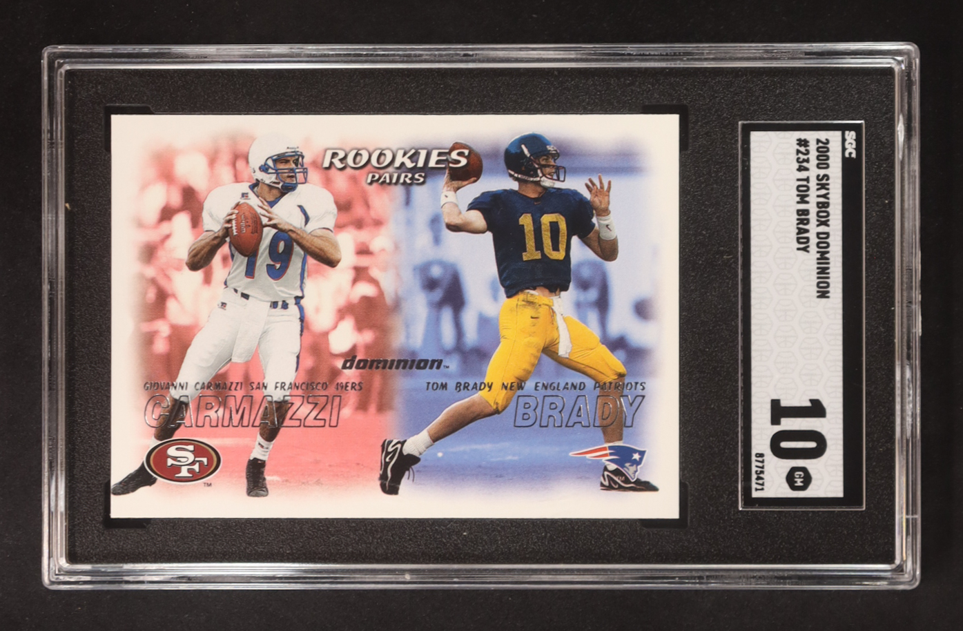 Tom Brady / Giovanni Carmazzi 2000 SkyBox Dominion #234 RC (SGC 10) at PristineAuction.com Tom Brady / Giovanni Carmazzi 2000 SkyBox Dominion #234 RC (SGC 10) at PristineAuction.com