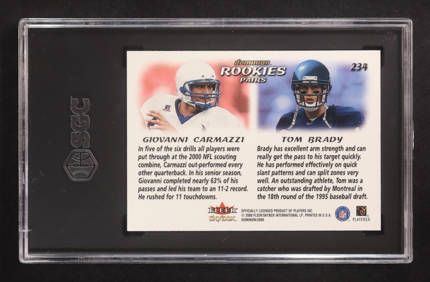 Tom Brady / Giovanni Carmazzi 2000 SkyBox Dominion #234 RC (SGC 10) at PristineAuction.com Tom Brady / Giovanni Carmazzi 2000 SkyBox Dominion #234 RC (SGC 10) at PristineAuction.com