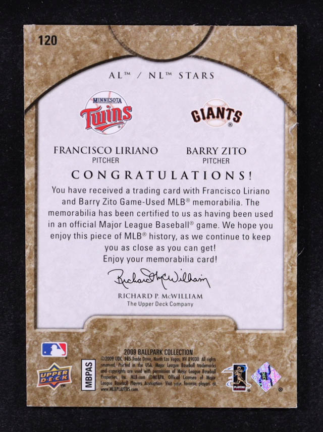 Francisco Liriano / Barry Zito 2009 Upper Deck Ballpark Collection #120 #031/400 at PristineAuction.com Francisco Liriano / Barry Zito 2009 Upper Deck Ballpark Collection #120 #031/400 at PristineAuction.com