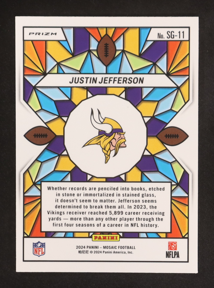 Justin Jefferson 2024 Panini Mosaic Stained Glass #11 at PristineAuction.com Justin Jefferson 2024 Panini Mosaic Stained Glass #11 at PristineAuction.com