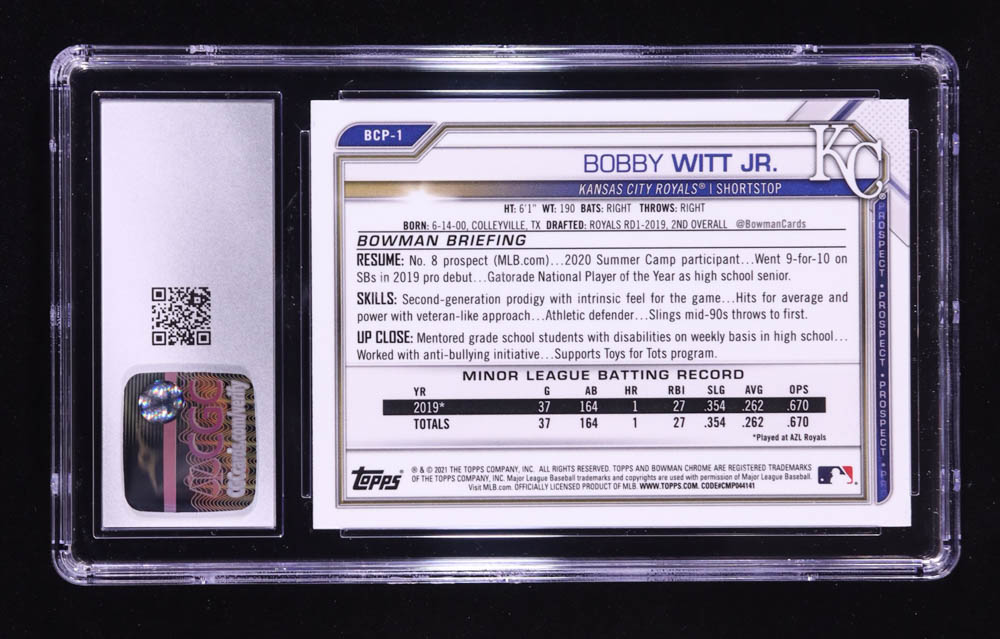 2021 Bowman Chrome Prospects #BCP1 Bobby Witt Jr. RC (CGC 10) at PristineAuction.com 2021 Bowman Chrome Prospects #BCP1 Bobby Witt Jr. RC (CGC 10) at PristineAuction.com